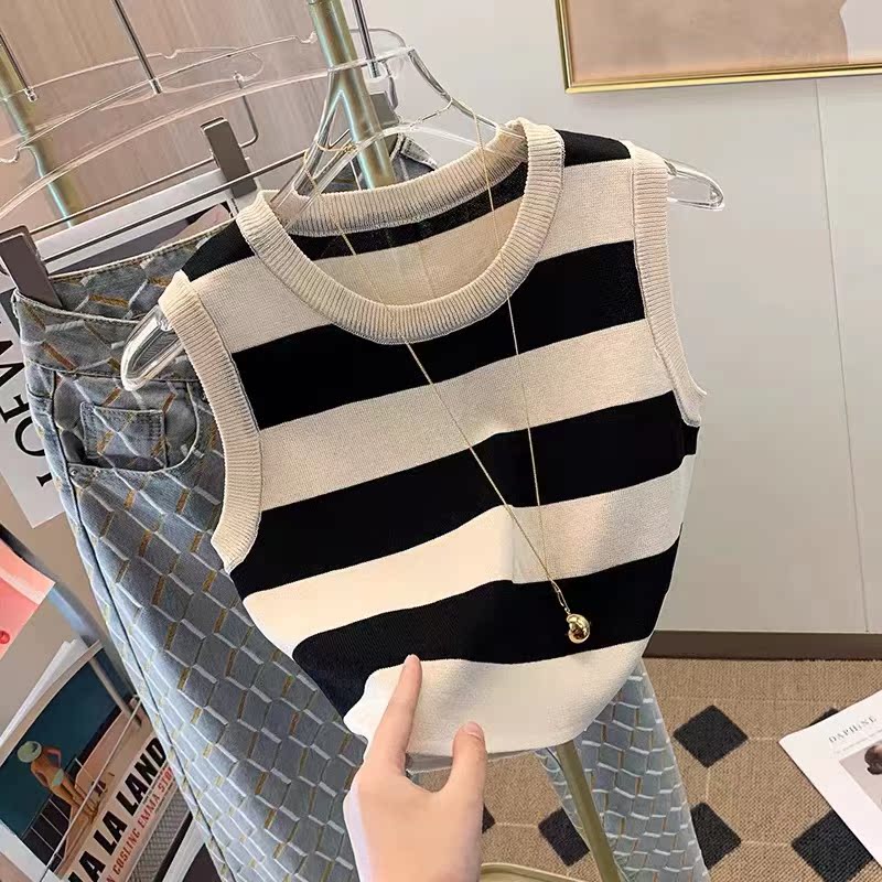 辣妹外穿短款美式吊帶背心女2024夏新款條紋圓領修身無袖針織t恤