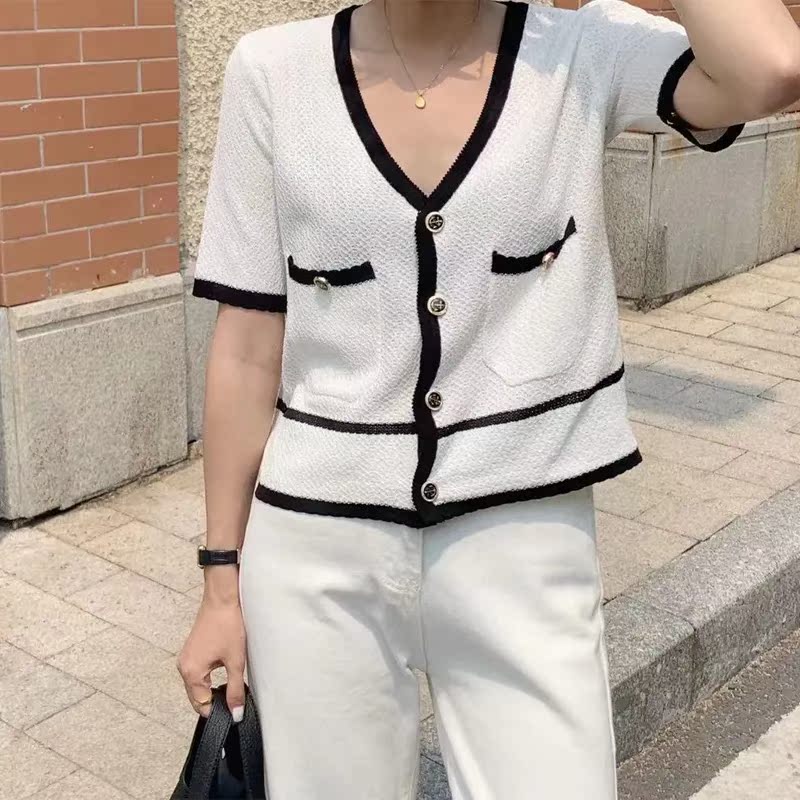 官方圖新款純色撞色條紋薄款V領休閒短款顯瘦短袖針織小香開衫潮