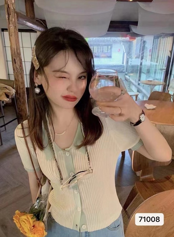 花栗鼠小姐冰甜酒夏季輕薄款polo領針織衫女短袖百搭顯瘦上衣