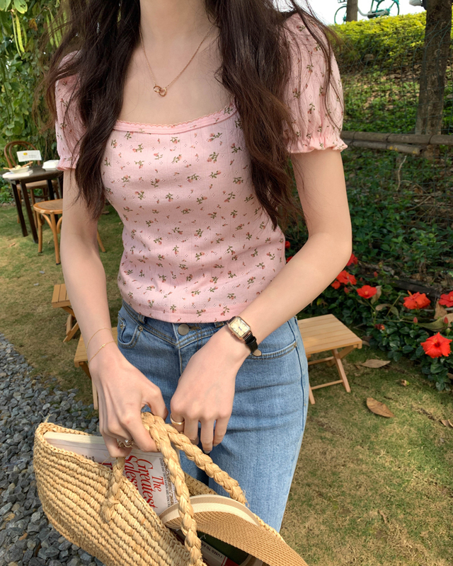 Actual shot of new summer style retro French square collar puff sleeve slim fit short style western style inner T-shirt top