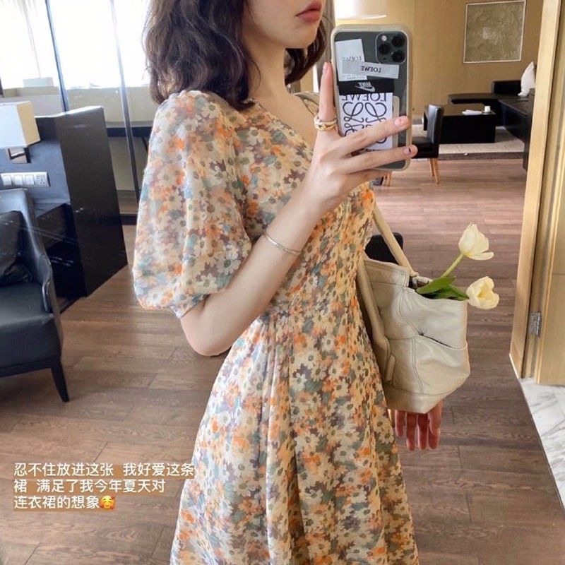 2024夏季新款韓版V領碎花雪紡連衣裙女學生長款油畫裙系列裙子潮