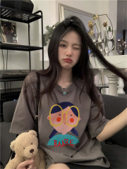 Actual shot of hot girls’ pure cotton versatile loose personalized mid-length printed round neck short-sleeved tops are trendy