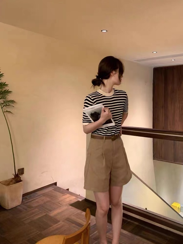 FENG甜甜 條紋針織T恤女夏季薄款圓領小香風寬鬆休閒百搭短袖上衣