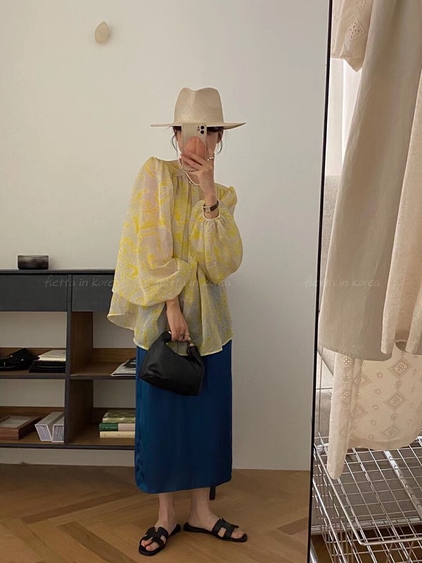 ~韓國東大門2024夏季新款女復古燈籠袖寬鬆透視顯白花紋襯衫