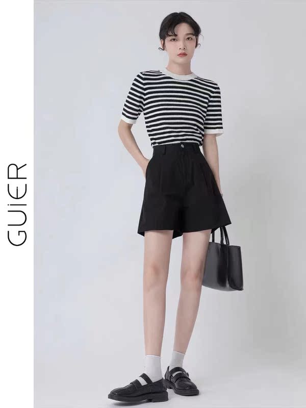 GUIER冰絲條紋短袖t恤女2024新款夏季薄款圓領鏤空針織衫上衣