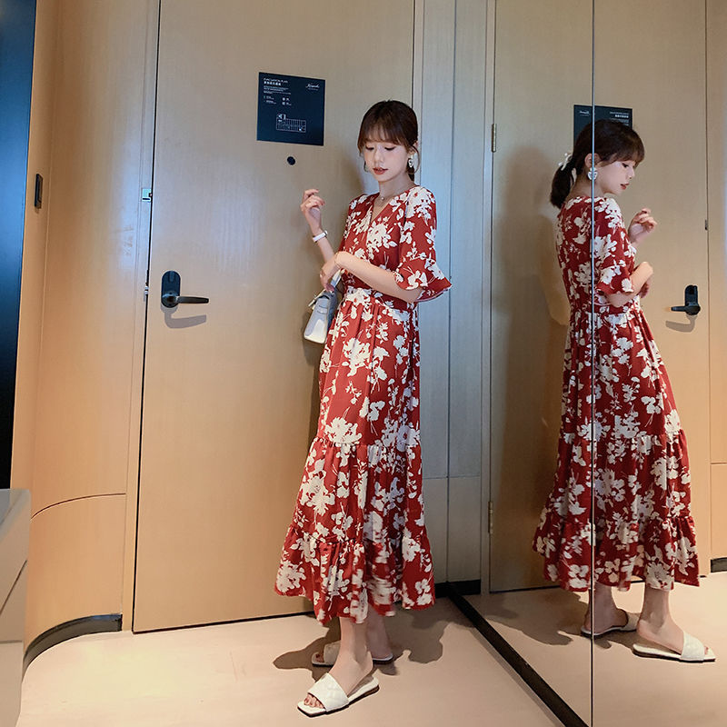 短袖連衣裙春夏秋2024新款花朵長裙紅色V領氣質顯瘦收腰仙女裙子