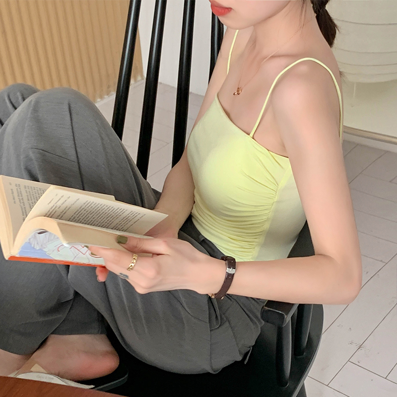 Real shot of new camisole, sexy slim fit pleated sleeveless top with bottoming shirt inside