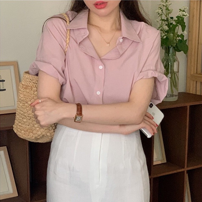法式顯白粉色短袖襯衫女2024夏季設計感小眾別致休閒短款襯衣上衣