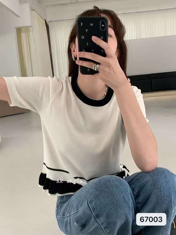 夏季新款2024韓版元氣少女風圓領撞色荷葉邊短袖