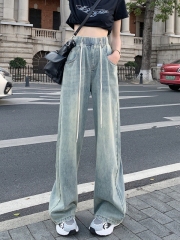 Photographed #High-waisted design-sensory drawstring tie wide-leg floor-length pants for women - New denim pants