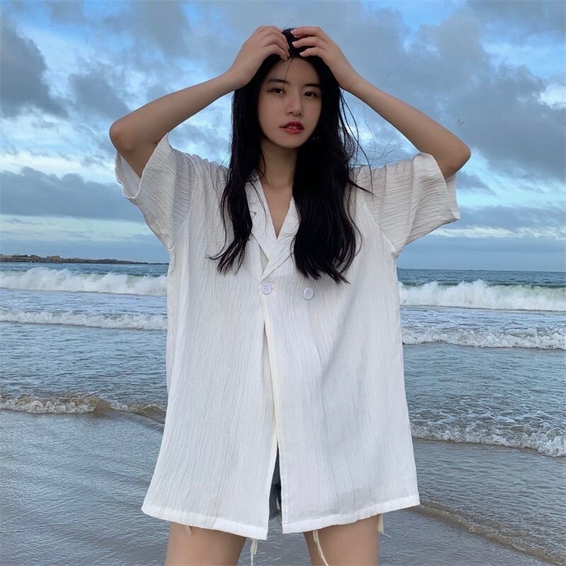 胖MM新款2024夏季寬鬆短袖襯衫薄款設計感小眾顯瘦大碼西裝v