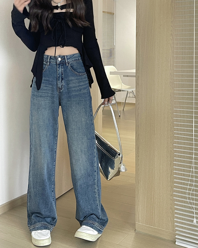 實拍 2024年新款復古藍寬鬆牛仔拖地褲女高腰直筒褲女