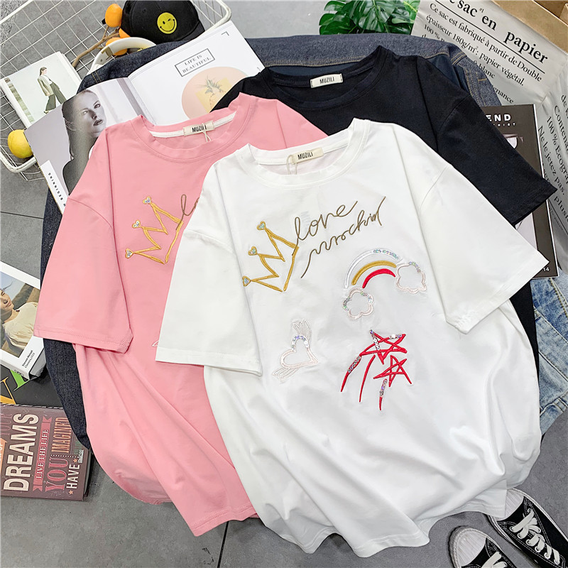 純棉拉架珠片刺繡王冠彩虹刺繡純棉T恤女短袖寬鬆夏韓版打底