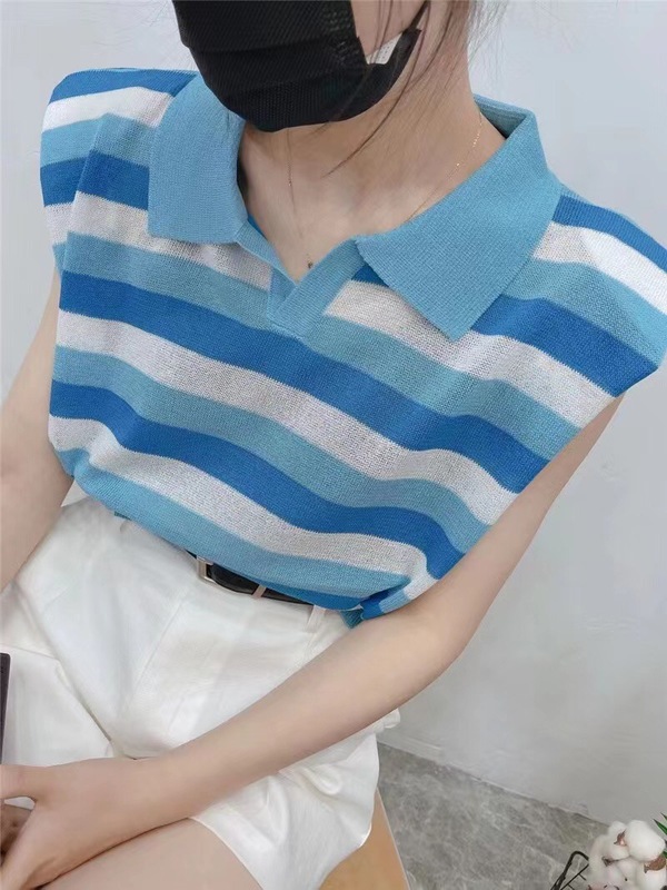 夏季薄款Polo領寬鬆無袖上衣女小香風條紋短袖T恤翻領冰絲針織衫