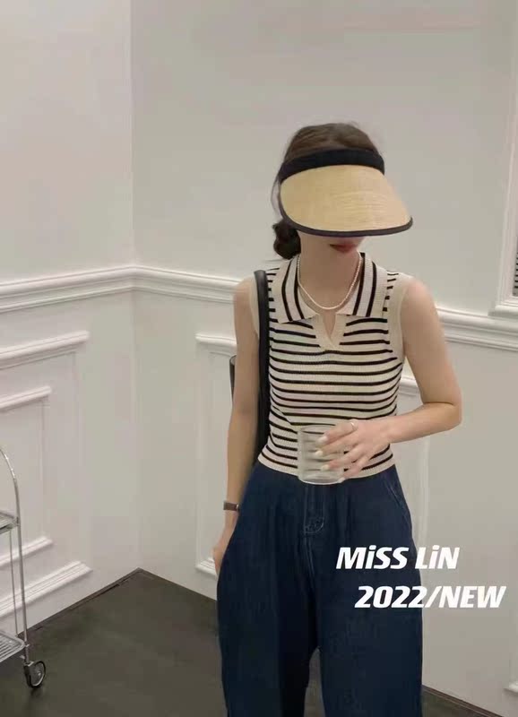 條紋針織衫女短袖薄款夏裝洋氣v領鎖骨寬鬆無袖上衣女polo衫女潮