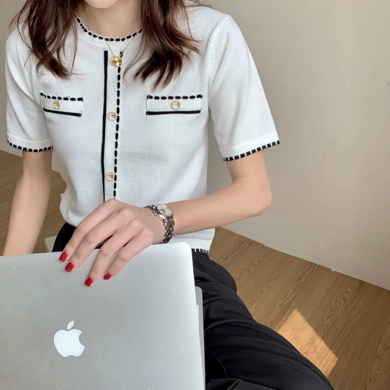 官方圖小香風短袖T恤女2024夏季新款套頭修身短款圓領針織衫上衣