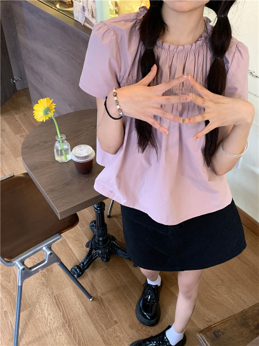 实拍~韩系夏季小众香芋紫花边领褶皱设计感短袖衬衫~