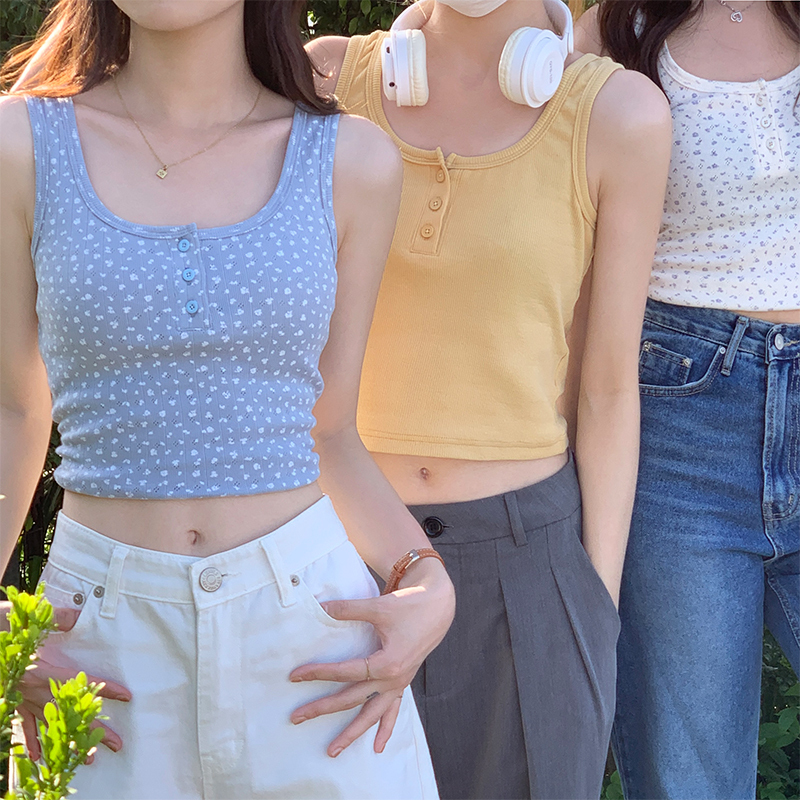 Real shot of knitted small suspender sleeveless bottoming shirt top with slim floral vest T-shirt