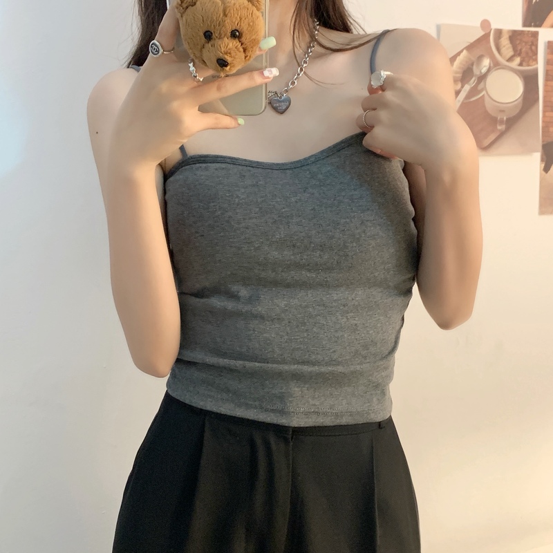 實拍  純棉吊帶背心女外穿韓版防走光帶胸墊抹胸氣質內搭秋夏