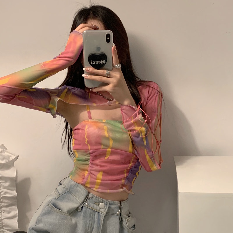 實拍  少女心彩虹撞色吊帶洋氣網紗潮心機綁帶個性上衣套裝
