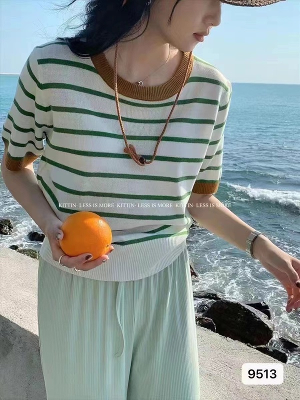 圓領撞色條紋短袖針織衫女薄款2024夏季新款甜美減齡修身短款上衣