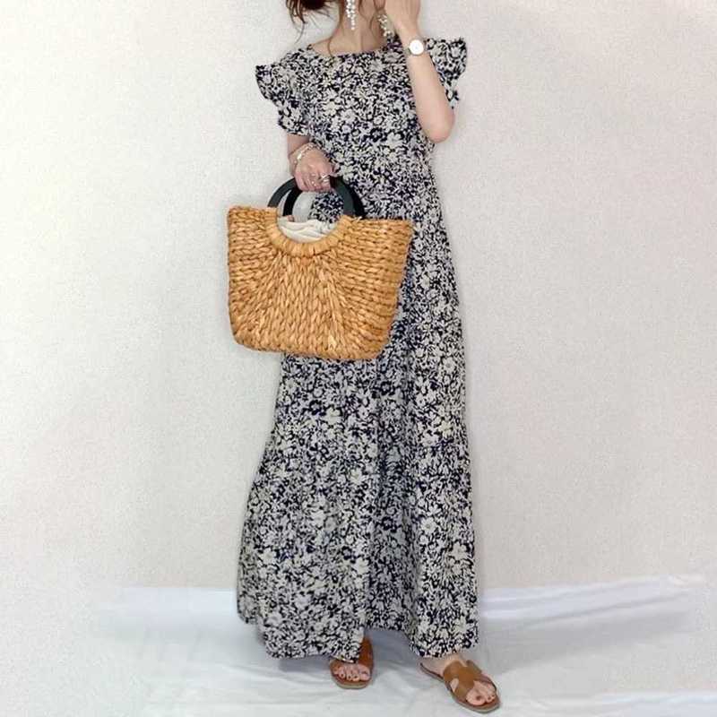 小碎花連衣裙女2024夏季新款圓領荷葉袖A字裙修身顯瘦學生中長裙