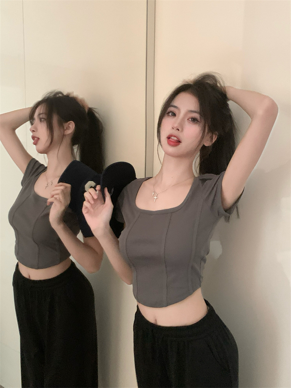 實拍 百搭魚骨短袖短款修身上衣+百搭高腰面膜闊腿長褲