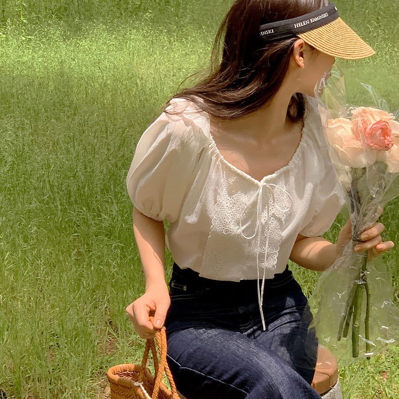 韓國chic夏季法式甜美花邊拼接方領系帶泡泡袖寬鬆短袖襯衫