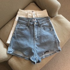 實拍 夏季百搭高腰時尚辣妹設計感彈力牛仔短褲