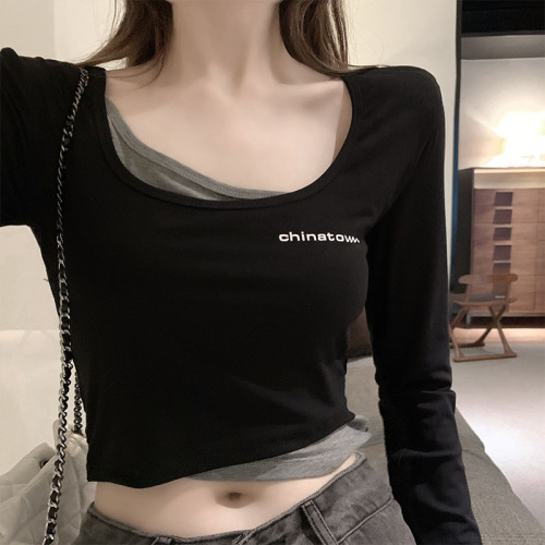 2024 autumn new long-sleeved slim short fake two-piece personalized Korean T-shirt women's tops ins trend 35% cotton