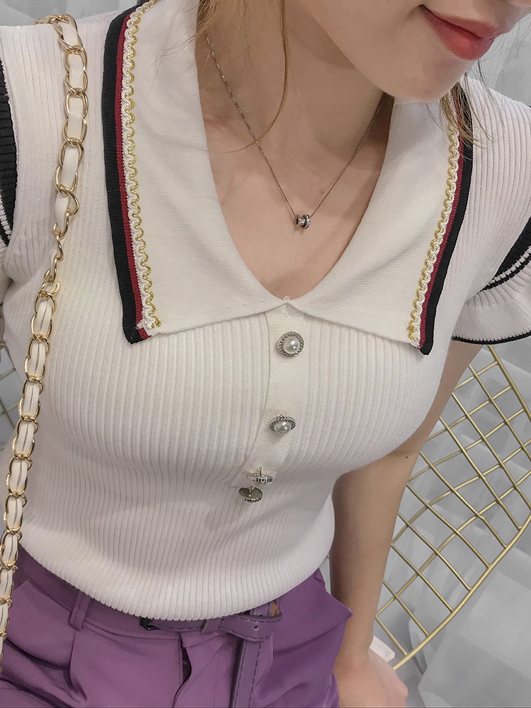 2024春新款小飛袖針織衫女短款修身無袖POLO上衣翻領木耳花邊背心