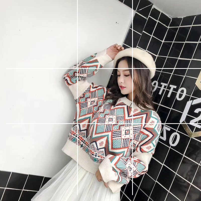時尚圓領套頭短款長袖圖騰菱形花設計針織甜美上衣毛衣女