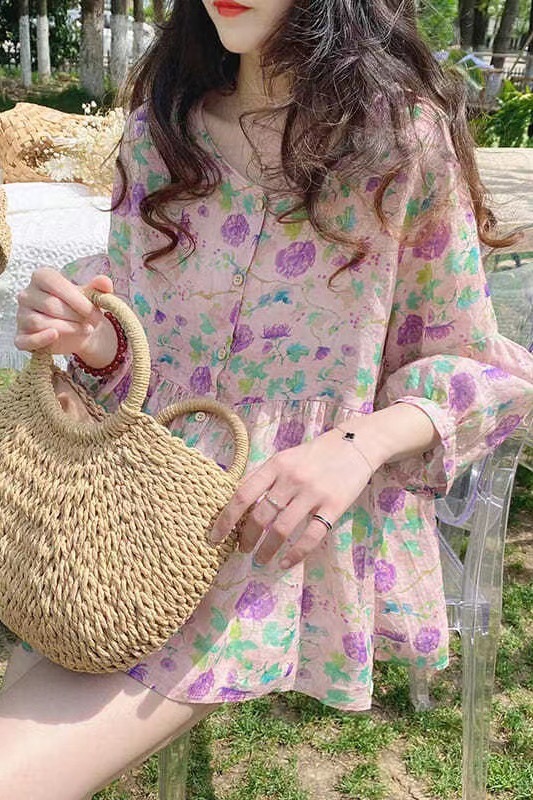 韓版寬鬆圓領甜美碎花蓬蓬棉麻襯衫娃娃衫上衣