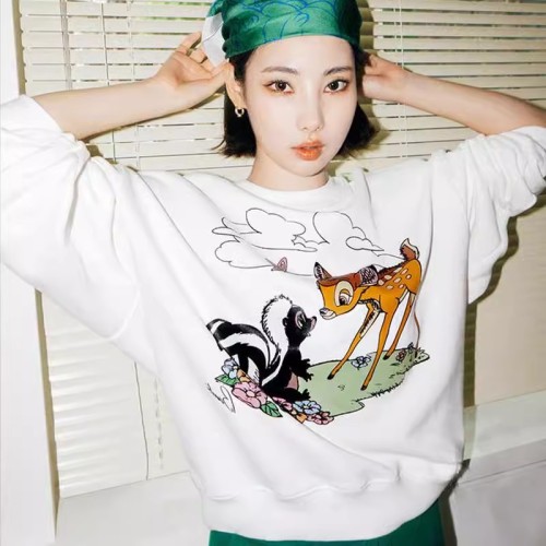 [Tmall/Quality/Thin Style] Heavy Chinese Cotton/Silver Fox Velvet Sika Deer Cartoon Print Round Neck Sweatshirt for Women