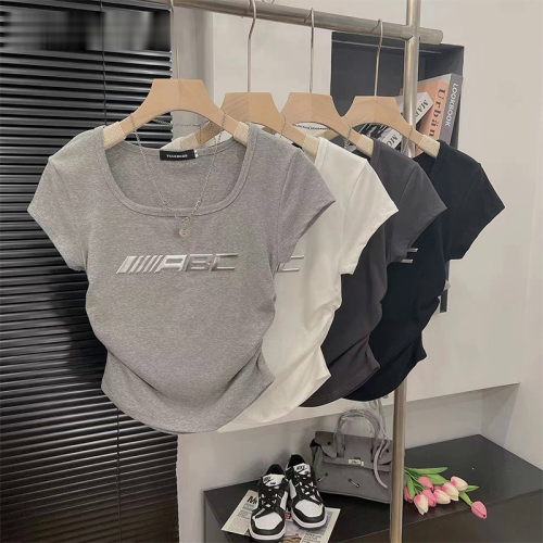 】Threaded polyester】(Free on all platforms) Liquid metal T-shirt women's summer short-sleeved versatile top