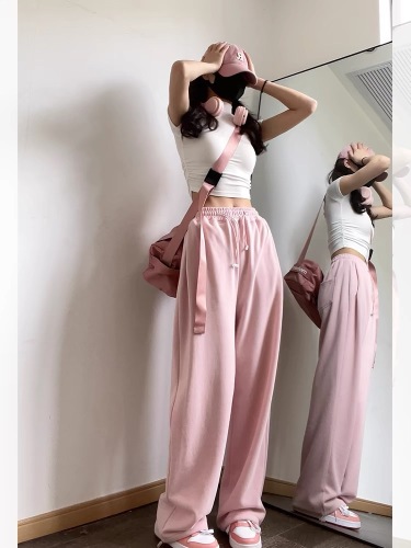 [Gaomimini] Pink Pants Women's Spring and Autumn Wide Leg Pants Women's 2024 New Casual Sports Pants Summer