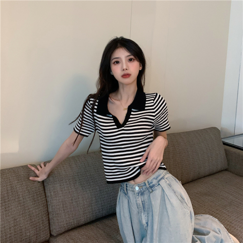 Real shot Summer new style knitted lapel striped polo shirt V-neck top for women