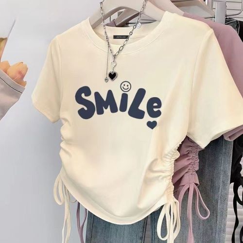 】Threaded polyester】(Free version on all platforms) Summer hot girl short-sleeved T-shirt female pure desire slimming top