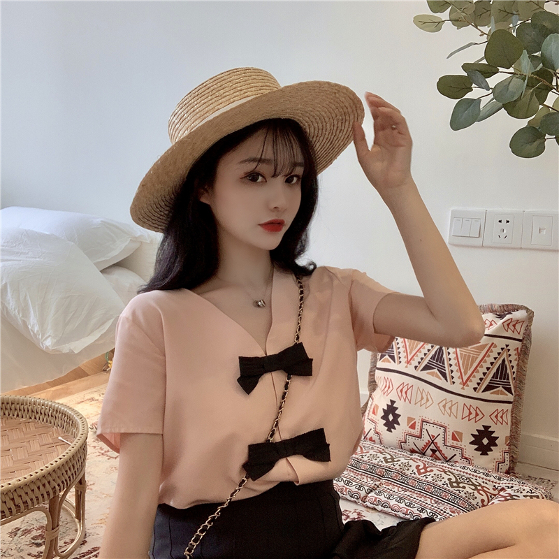 實拍~韓版前後兩穿蝴蝶結襯衫女短袖可愛V領顯瘦娃娃衫