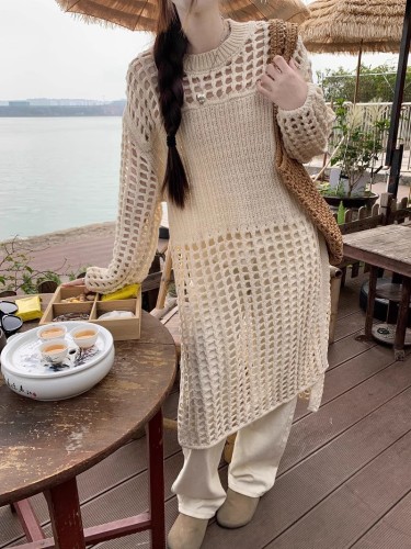 Xiaoyi Mi apricot French style hollow knitted dress mid-length layered air-conditioning blouse holiday skirt summer