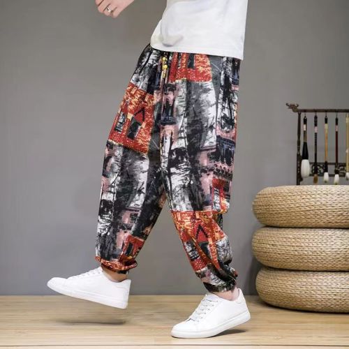 Retro ethnic style printed casual nine-point pants for men 2024 summer new harem pants elastic waisted pants