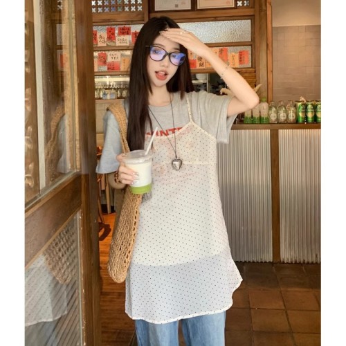 Japanese polka dot suspender dress for women summer loose slightly see-through overlay skirt vacation style sleeveless a-line vest short skirt