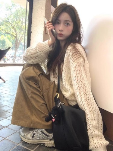 2024 lazy style solid color hollow pullover sweater for women spring new loose casual versatile top