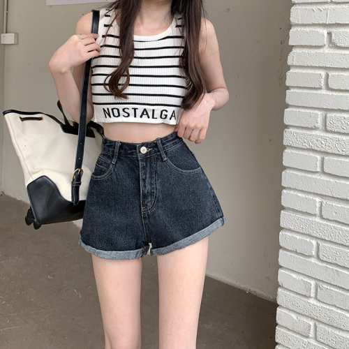 Real shot 2024 classic retro hottie jeans spring and summer tight shorts high waist curled a-line hot pants