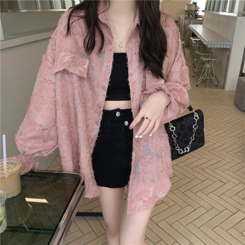 Real shot!  Korean style pink lace long-sleeved shirt for women, trendy design niche chic loose sun protection shirt