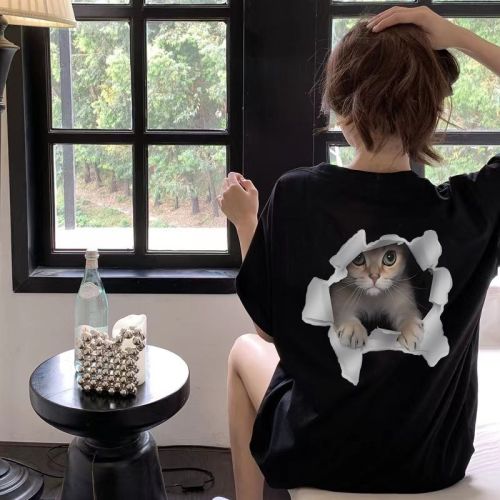 2024 new summer large size slimming short-sleeved t-shirt women's fashionable round neck heavy industry cat front and back printed trendy top