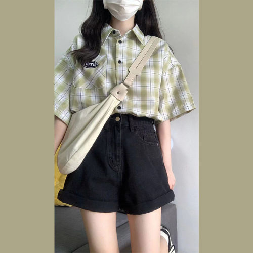 Original fabric green plaid short-sleeved shirt for women summer new shirt design niche unique top