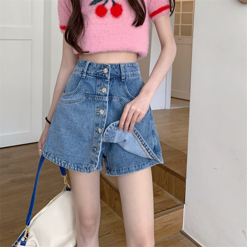 Real shot of denim skirt for women 2024 new anti-exposure high-waist A-line hip skirt slim temperament short culottes
