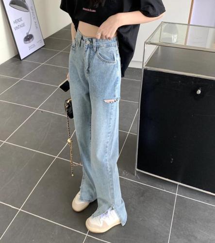 Actual shot of 2024 Xia Xin high waist ripped pants ins trendy slit straight wide leg floor mopping jeans for women