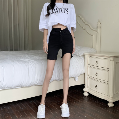 Actual shot of new spring and summer elastic irregular mid-pants tight high-waisted slimming jeans for women